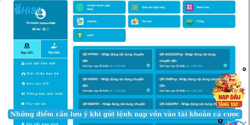 Những điểm cần lưu ý khi gửi lệnh nạp vốn vào tài khoản cá cược